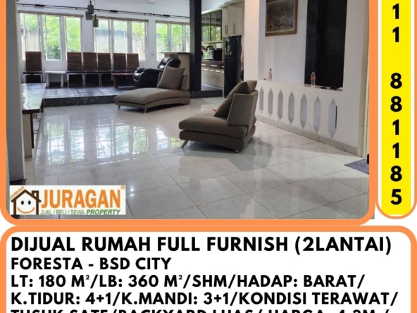 Dijual Rumah 4 Kamar Full Furnished Backyard Luas Foresta BSD Tangeran SATULISTING.com