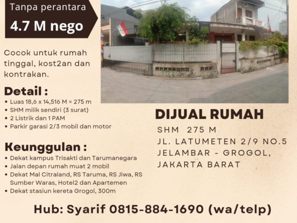 DIJUAL RUMAH LATUMETEN JELAMBAR JAKARTA BARAT