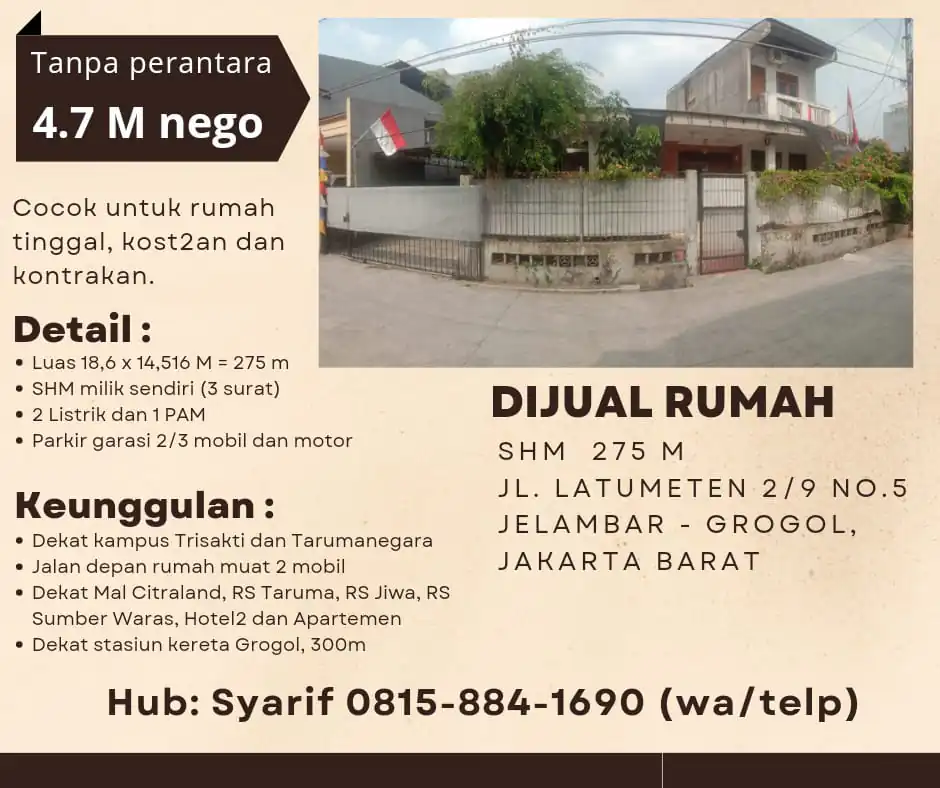 DIJUAL RUMAH LATUMETEN JELAMBAR JAKARTA BARAT